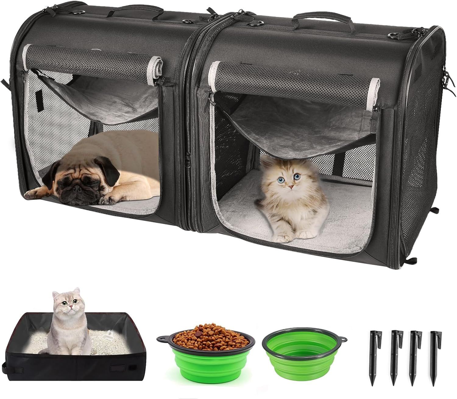 Wakytu 猫 キャリーバッグ 2匹用 猫 ケージ 持ち運び クレート 小型犬 猫 カゴ ダブルケージは単独でご利用いただけます 折りたたみ 折りたたみボウル2個 収納袋