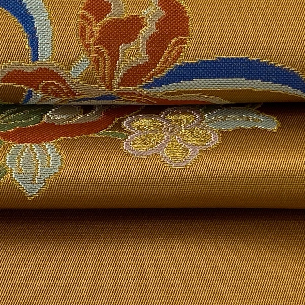 GR-5 本袋帯【たつむら】山吹茶色仙桃蘭花金糸落款