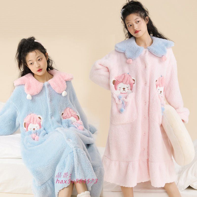 パジャマ レディース 冬 ルームウェア 女子会 ナイトガウン 着る毛布 モコモコ 女性用 韓国 ふわふわ もこもこ 前開き可愛い 寝巻き hax5v584573
