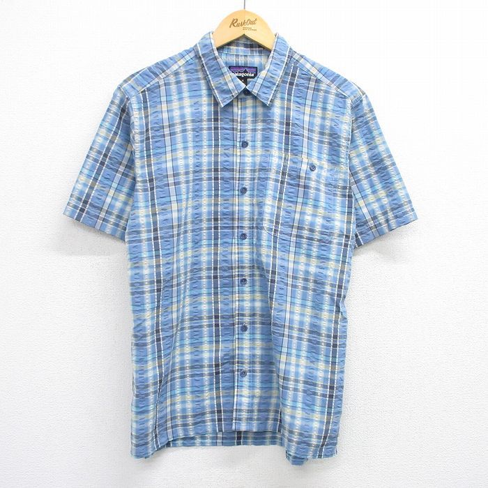 ヨーロッパ古着 patagonia 半袖シャツ L 青系チェック L/古着 パタゴニア patagonia 半袖 シャツ メンズ シアサッカー