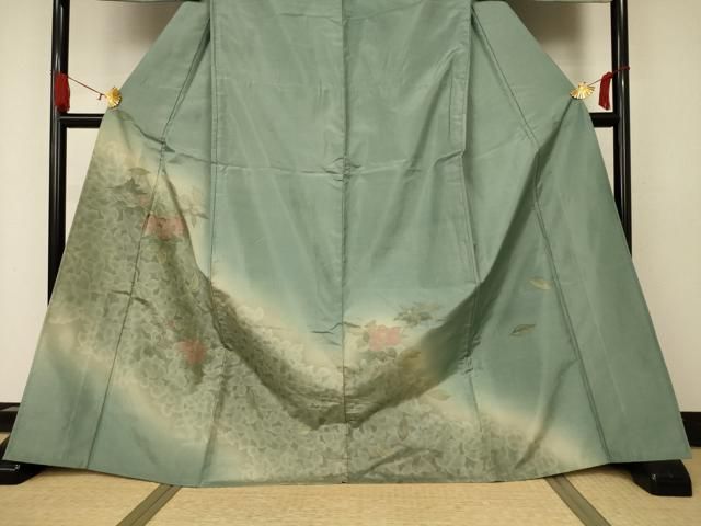 平和屋着物▽訪問着 本場染大島紬 単衣 刺繍 草花文 暈し染め 正絹