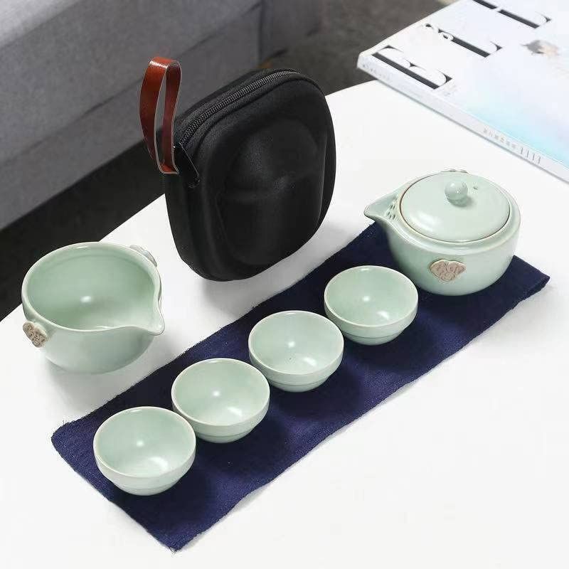 ポット 200ml*1 + カップ 40ml*4 + 茶海*1_浅緑 如意陶磁器エクスプレスカップ旅行茶器セットカンフー茶器家庭用オフィス手づかみポット茶器シンプル携帯アウトドア旅行車載カンフー茶器セット (ポット 200ml*1 + カップ 40ml*4 +