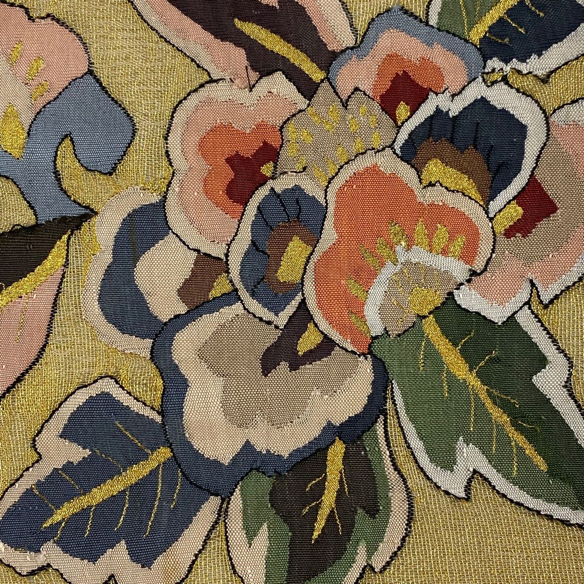 袋帯 美品 逸品 夏帯 草花 金糸 綴れ 金色 お太鼓柄 正絹 【中古