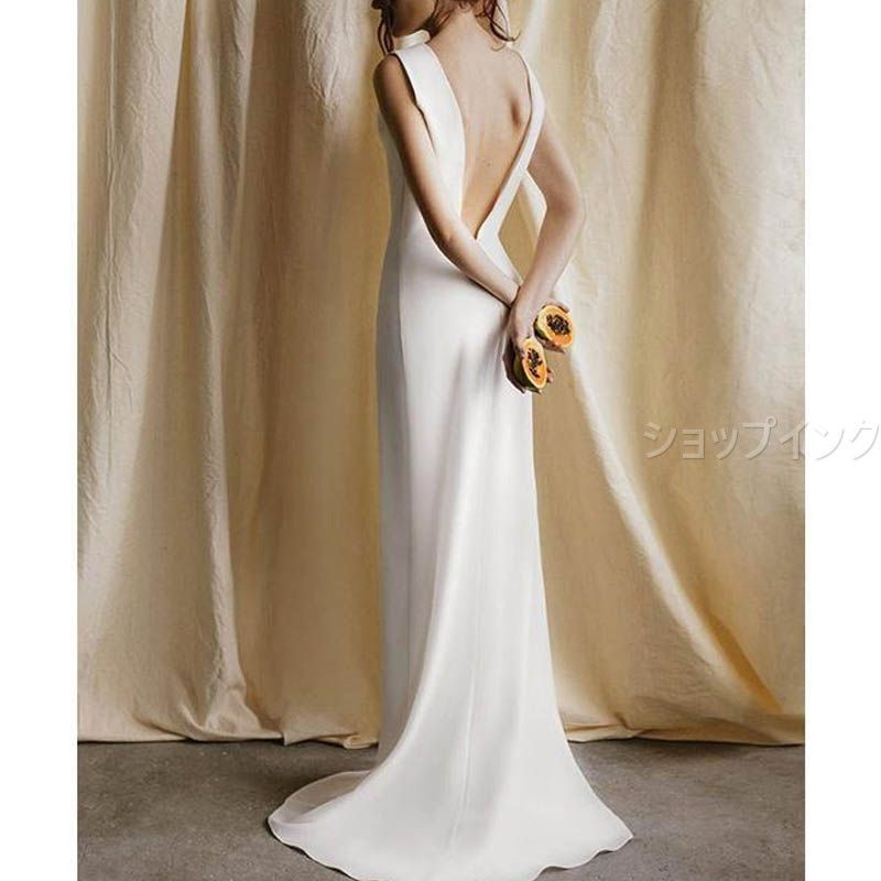 ウェディングドレス ロングドレス スレンダーライン ノースリーブ シンプル 韓国風 二次会 結婚式 前撮り 花嫁 ウエディングドレス サテン 挙式 ブライダル バックレス