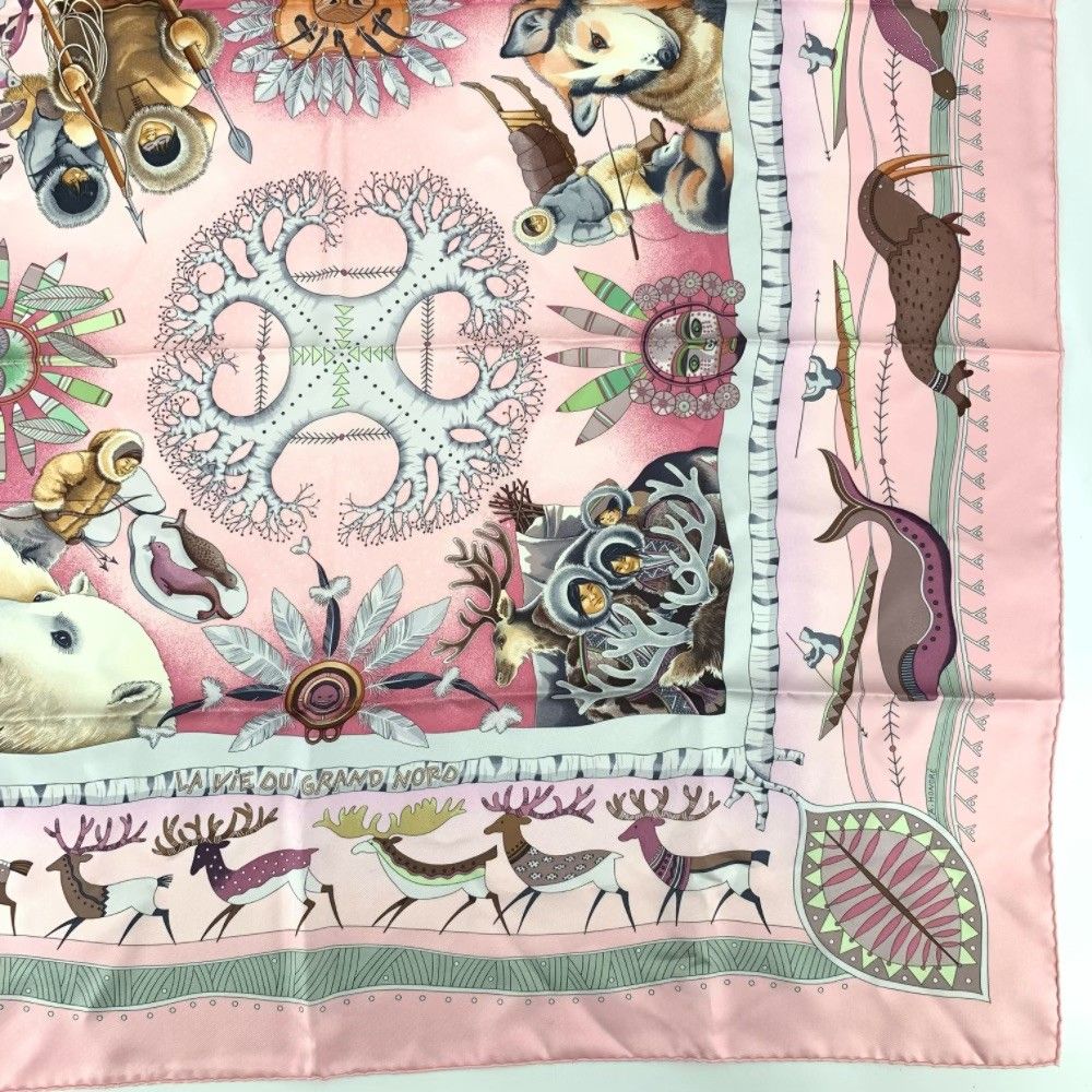 HERMES エルメス カレ90 LA VIE DU GRAND NORD 北極圏の生活 ピンク