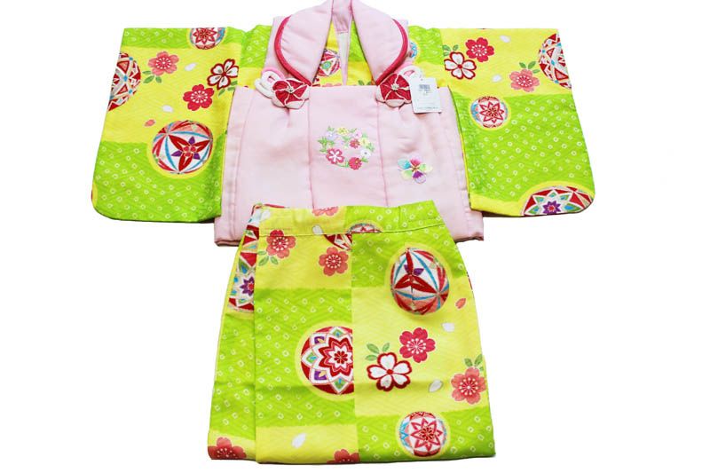 二部式 ベビー 被布セット 産着 No.007（着物色：黄色×グリーン 被布：ピンク色/産着/初着/地紋・刺繍入り/洗える ポリエステル）