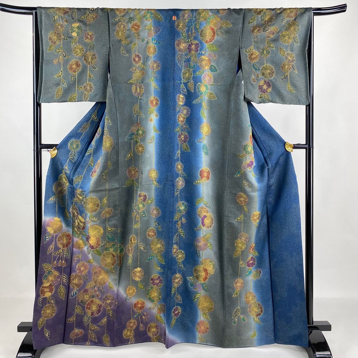 訪問着 身丈165.5cm 裄丈66cm M 袷 枝垂れ桜 刺繍 金通し 藍色 正絹 一つ紋
