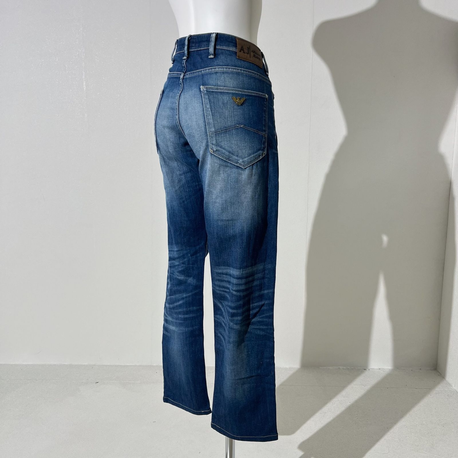 ★ARMANI JEANS アルマーニ ジーンズ ワッペン・レザートリム・シンチバック付き ヴィンテージ ストレッチデニムジャケット メンズ 48 アルマーニジーンズ ARMANI JEANS ワッペン ショルダーバッグ メンズ