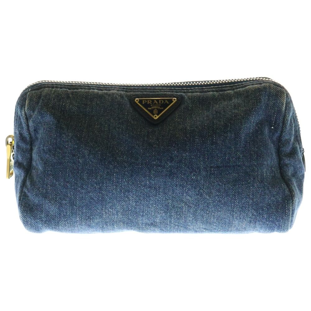 PRADA プラダ トライアングルロゴプレート デニムポーチ ゴールド金具 インディゴ