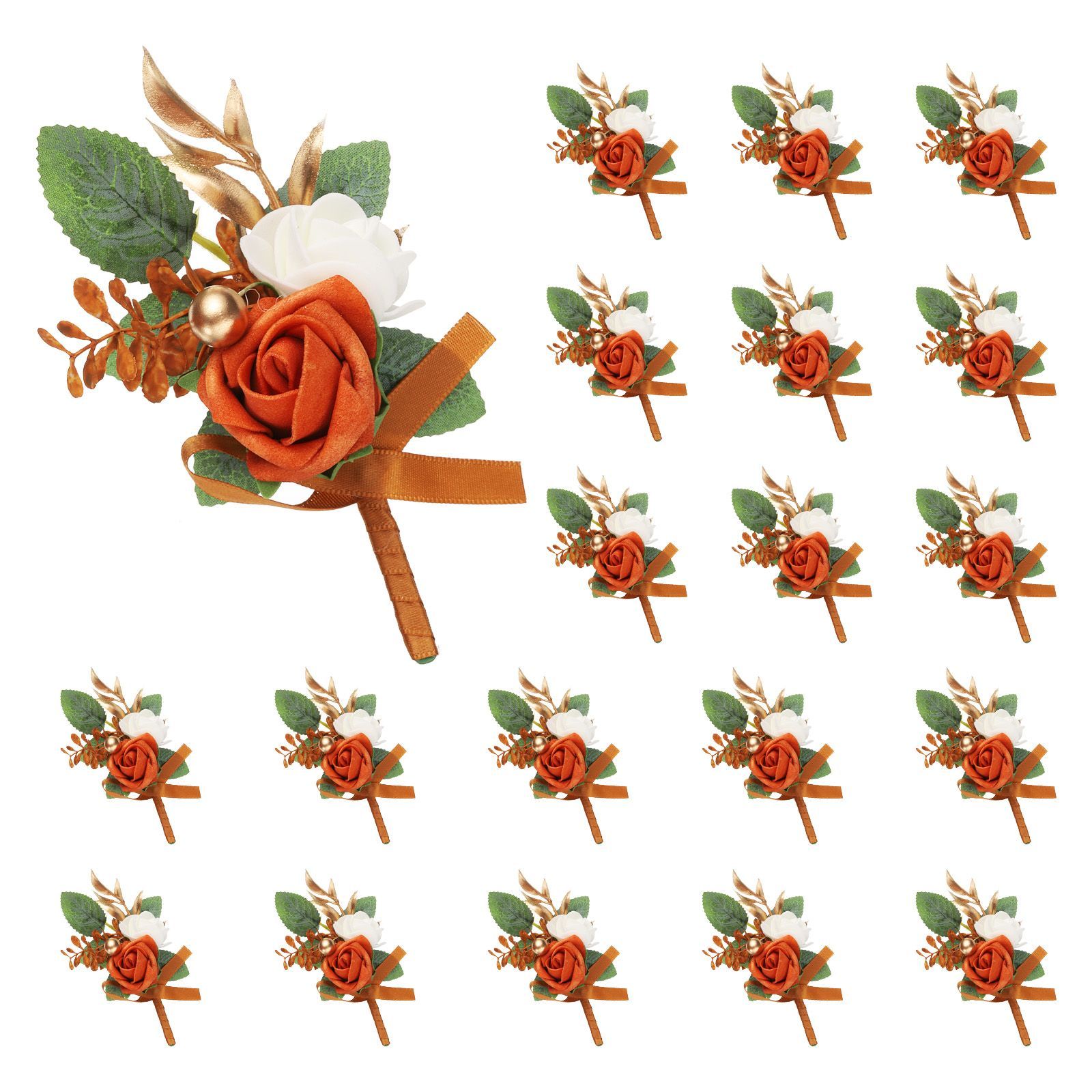 uxcell メンズ用カラメルブートニア20個 ウェディングブ ライドグ ルームセレモニーアニバーサリーフォーマルパーティー用の人工花ブートニアポケットコサージュとブートニアピン