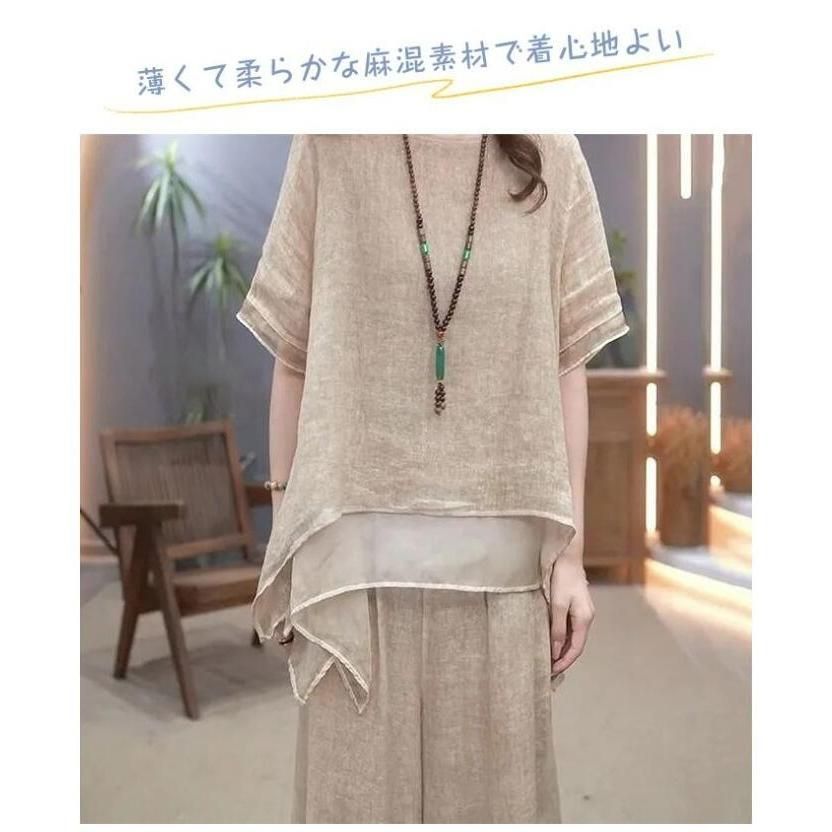 上下セット半袖トップスワイドパンツ夏おしゃれ セットアップ レディース ブラウス シャツ ワイドパンツ 春 夏