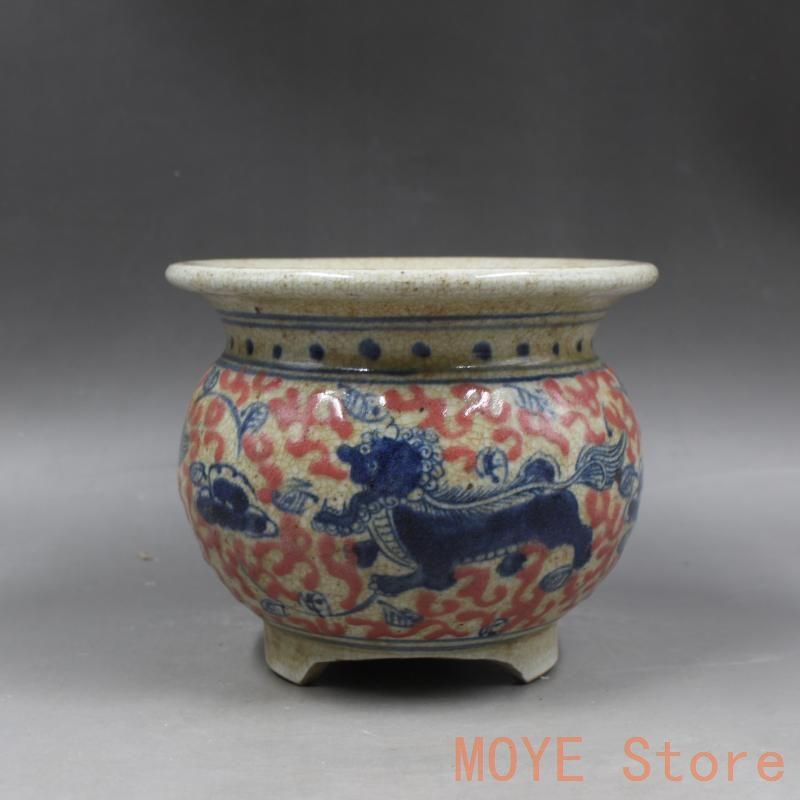 青花釉裏紅纏枝麒麟三足香炉 現代工芸品 美術品 置物zw0829