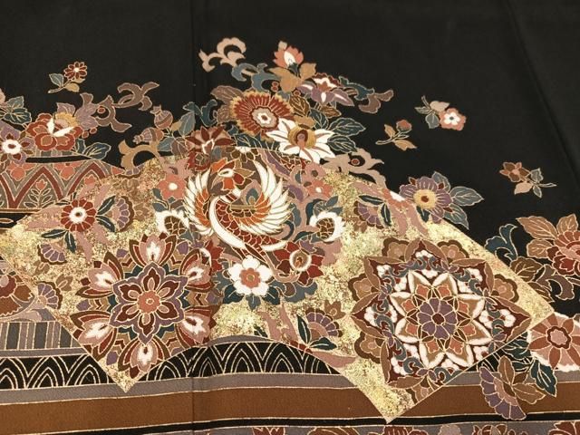 D727 黒留袖　落款　鳳凰　華文　唐草　金彩　正絹　着物　袷　美品 D727 黒留袖 落款 鳳凰 華文 唐草 金彩 正絹 着物 袷 美品