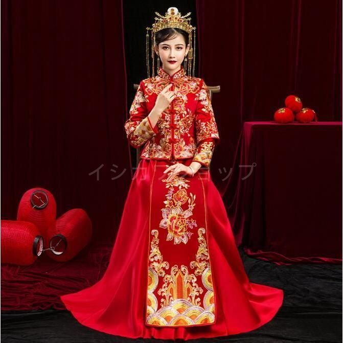 中華服 チャイナドレス 大人 女性 男性 中国風 ウエディングドレス 中華ドレス 花嫁 新郎 新婦 結婚式 チャイナ服 上下セット 長袖 牡丹 花 WWW_TRAVELLANDINDIA_COM