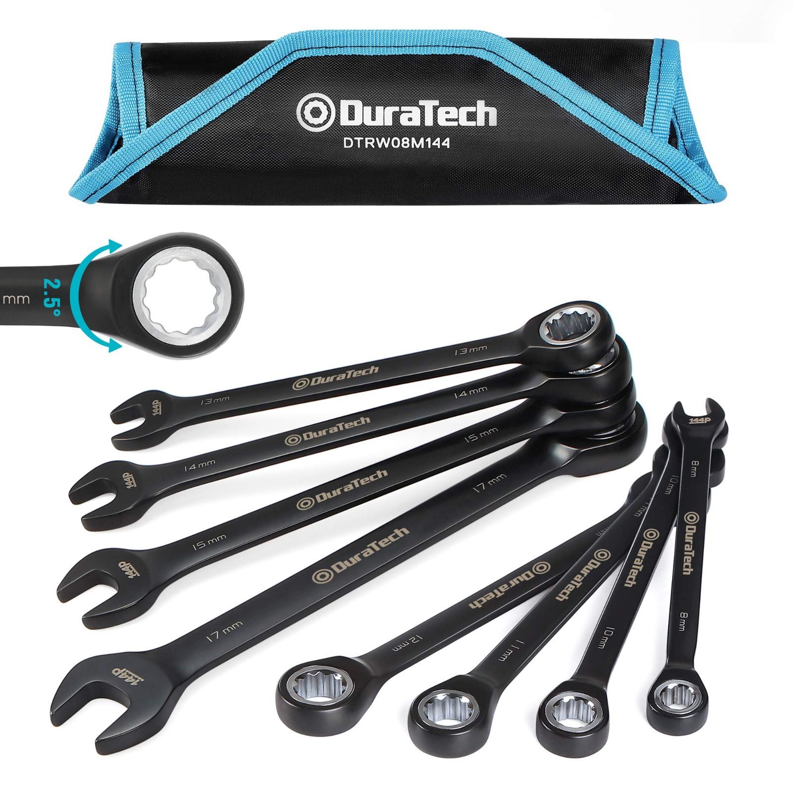 高品質板ラチェットスパナ、144ギア、CR-V製、黒クロームメッキ、8本組、収納 人気商品】DURATECH コンビネーションレンチ ラチェットレンチ