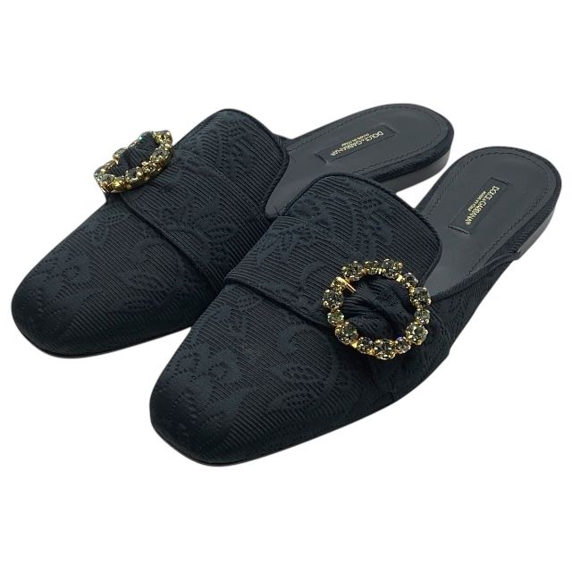 ドルチェ-ガッバーナ CI0004 ドルガバ ジャッキー クリスタル ブロケード スライド ミュール ブラック DOLCE-GABBANA サイズ39 約26cm