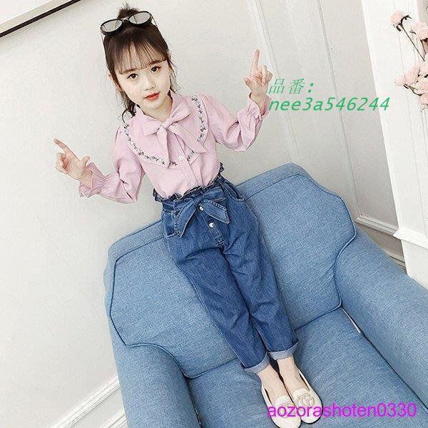 子供服 セットアップ キッズ 女の子 長袖 春秋 蝶結び シャツ 誕生日 デニムパンツ 2点セット 150CM おしゃれ 上下セット ジュニア ブラウス