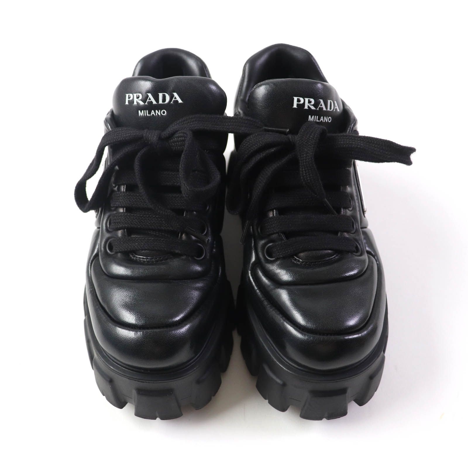 極美品★PRADA プラダ モノリス トライアングルロゴ レースアップ パデッド ナッパレザー スニーカー ブラック 36.5 箱付き イタリア製 レディース