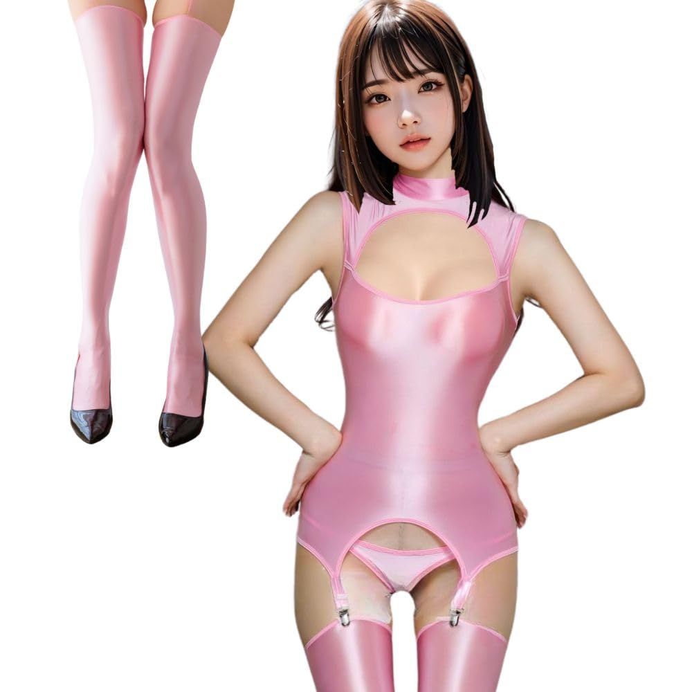 MORApink] レオタード セクシー 過激 透け ハイネック 光沢 シースルー