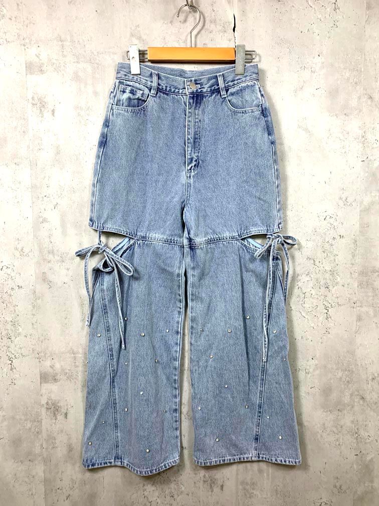 MAJESTIC LEGON マジェスティックレゴン 定価8250円 サイドスリットビジュー デニムパンツ sizeL|サックス レディース