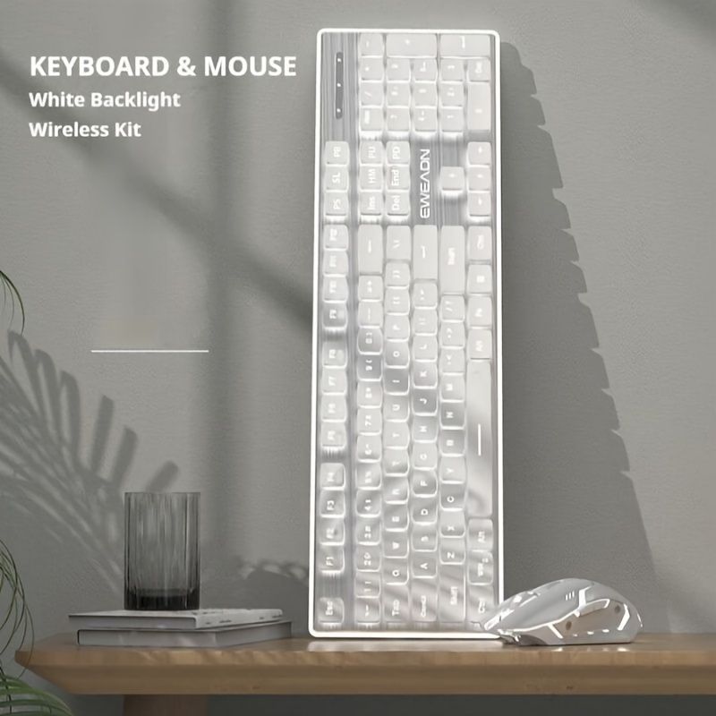 EWEADN ワイヤレスキーボードとマウスコンビネーション、ウォータードロップサスペンションキーボードキャップ、LEDホワイトバックライト充電式USBキーボードとマウスセット、104キー全金属