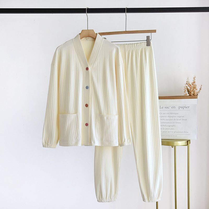 パジャマ ルームウェア 綿100％ 厚手 レディース 上下セット 2点セット 長袖 前開き Vネック ロングパンツ コットン パジャマ 厚手 暖かい 春秋冬 部屋着 ホームウェア 寝間着 ナイトウェア ゆったり 柔らか DECORATOM_COM_BR