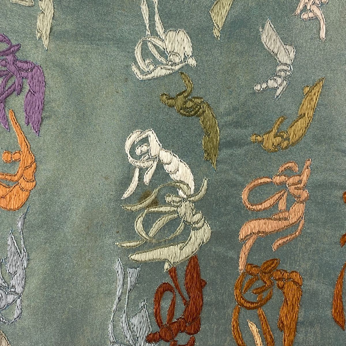 袋帯 名品 千地泰弘 落款 天女 刺繍 箔 青灰色 お太鼓柄 正絹