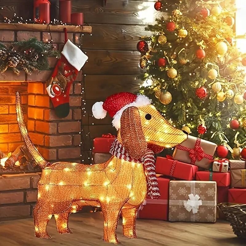 ダックスフント クリスマス デコレーション ライト 犬 ドッグ オブジェ イルミネーション 照明付き ガーデン 庭 電池式 アニマルグッズ