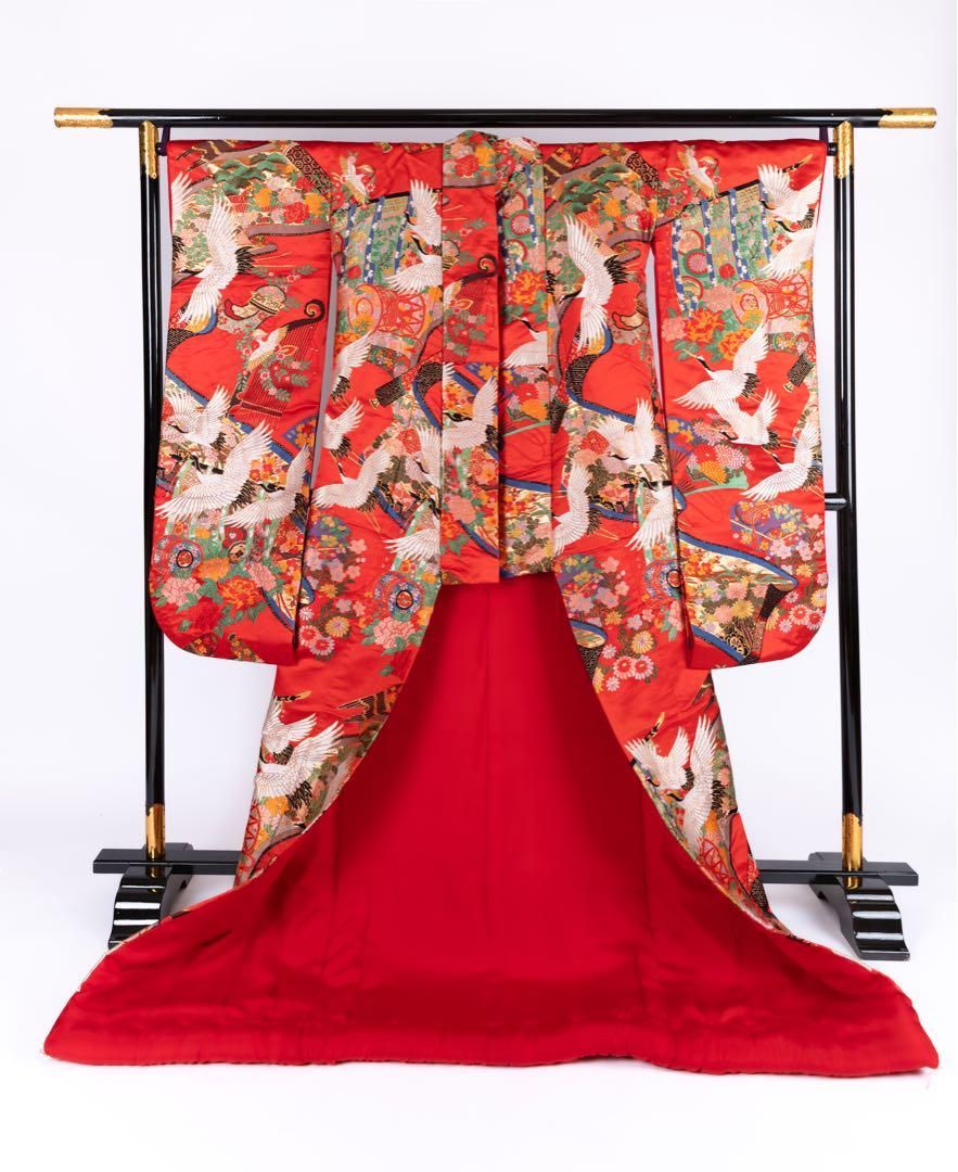 50%OFF! 125,000円→62,500円】花嫁色打掛け 朱色/色爽やか 鶴/太鼓 