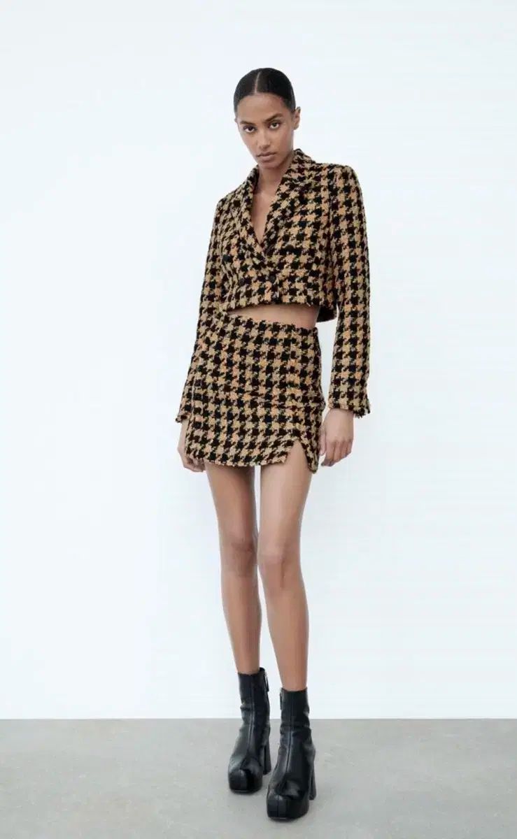 廃盤品 ZARA ザラ ハウンドトゥース チェック クロップド ジャケット ＋ ミニ スカート