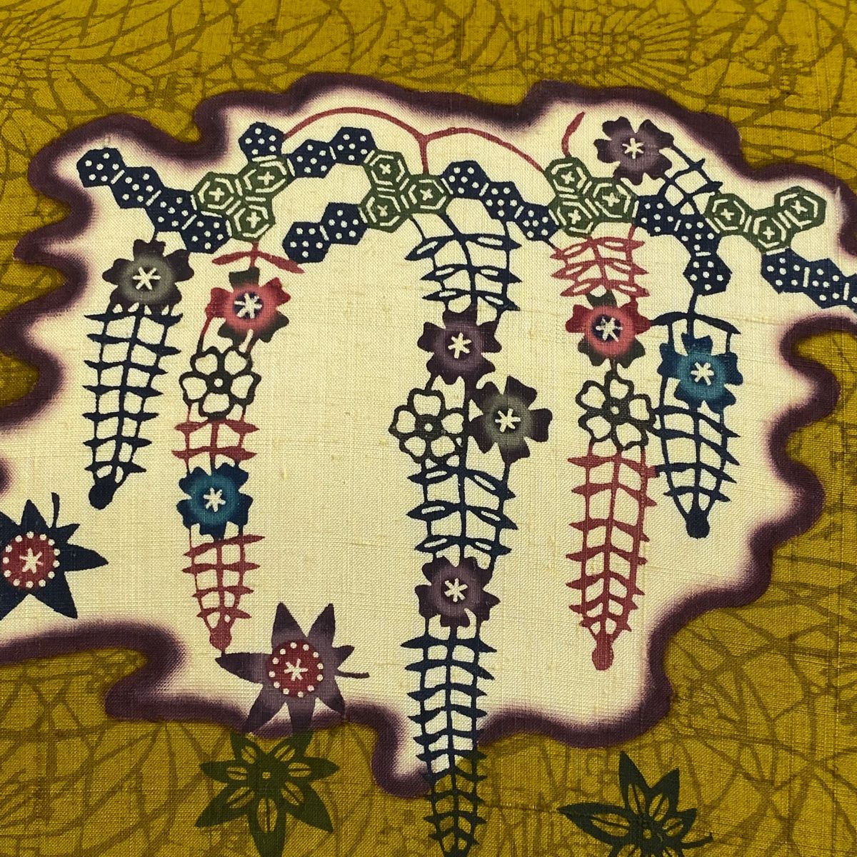 名古屋帯 紬地 花 亀甲 からし色 正絹