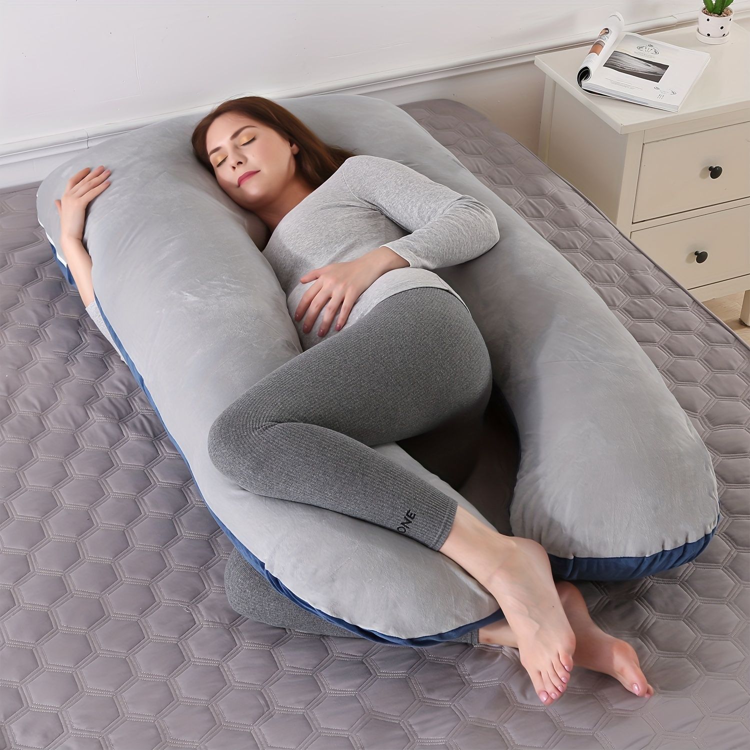 妊娠用枕 U型 マタニティ フルボディピロー 妊婦用 ヒップ 脚 背中 腹サポート付き 洗濯可能なベルベットカバー付き 安眠 出産祝い 授乳クッション グレーとブルー ミントグリーン