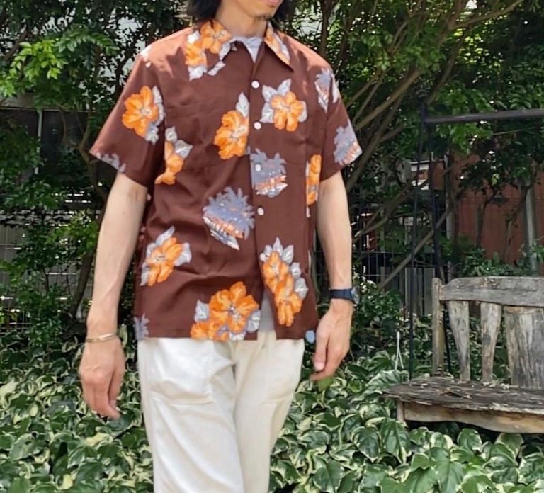 新品未使用品　DUKE KAHANAMOKU  SPECIAL EDITION “TROPICAL VIEW” / 半袖レーヨンシャツ / アロハシャツ / ハワイアン / スペシャル / ヤシの木 / ハイビスカス / ブラウン　Lサイズ