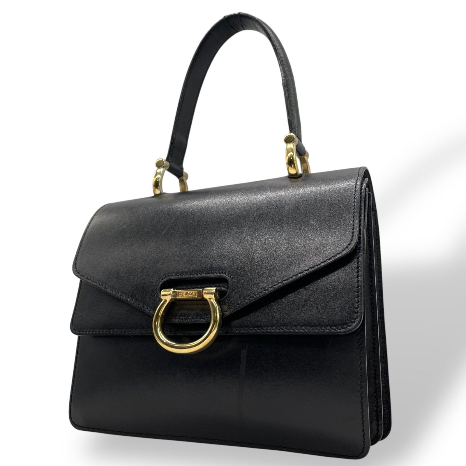 セリーヌ フラップ・ハンドバッグ レザー ブラック×ゴールド金具  