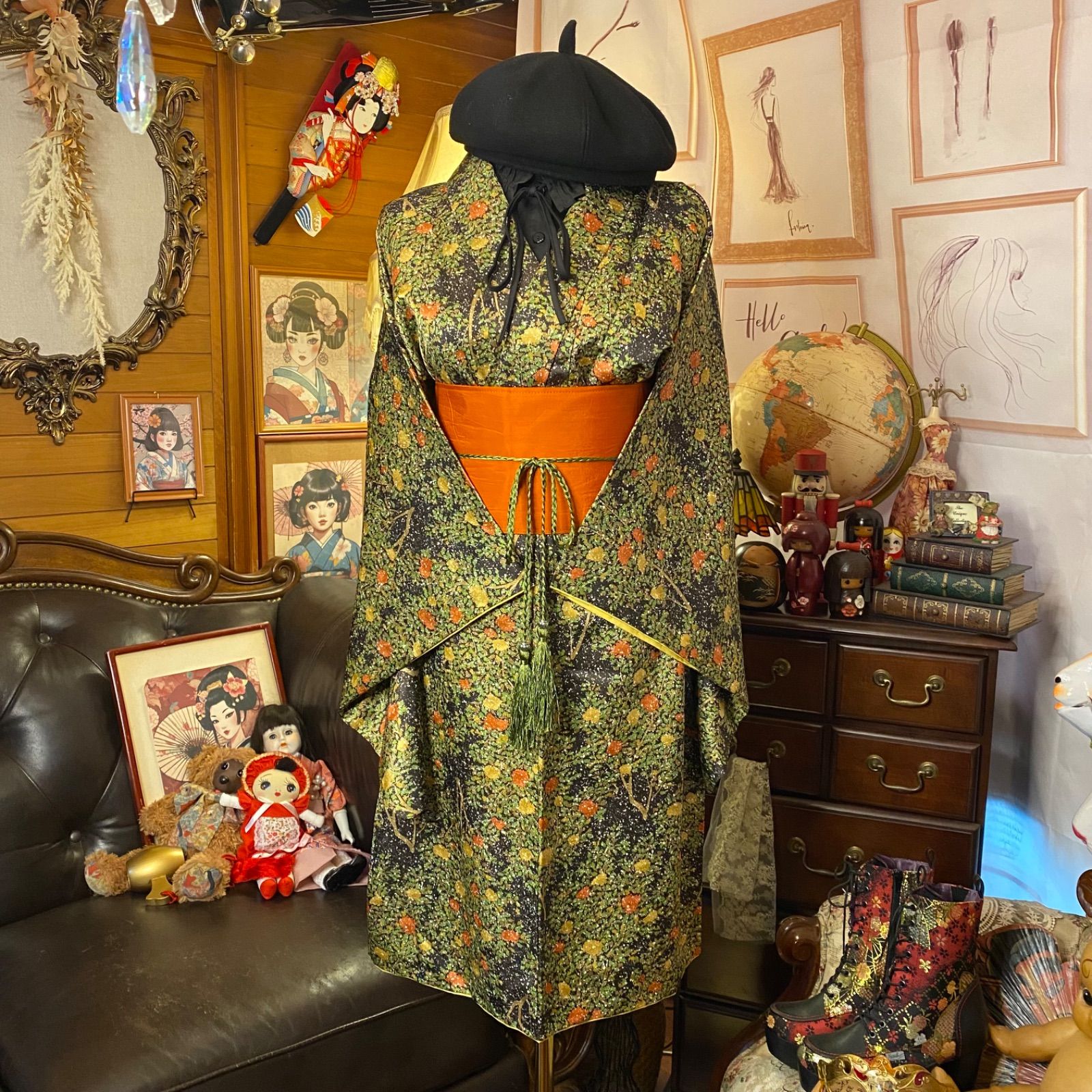 着物 リメイク 高品質 ミニミディ ワンピース ドレス 洗える 化繊 帯