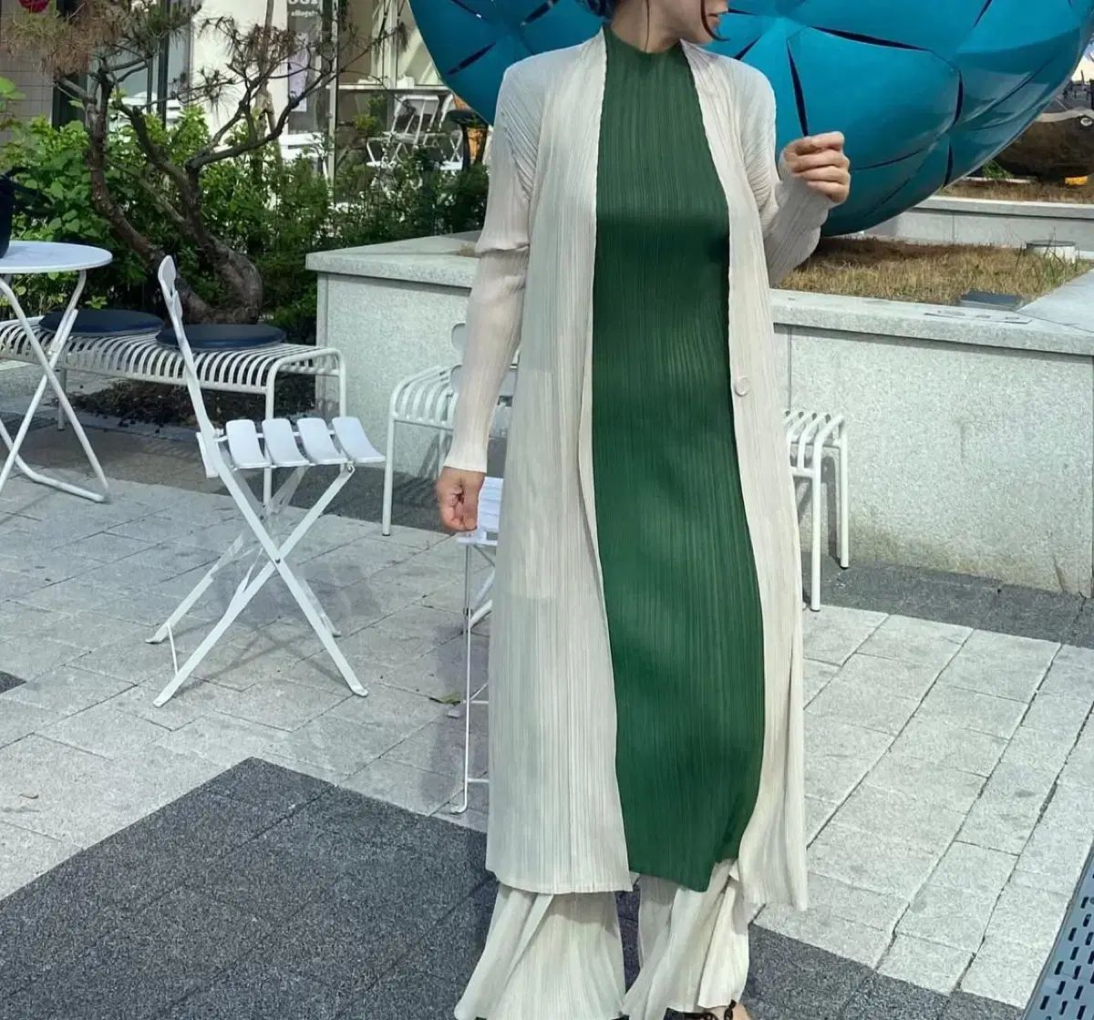 プリーツ ロング カーディガン パール アイボリー