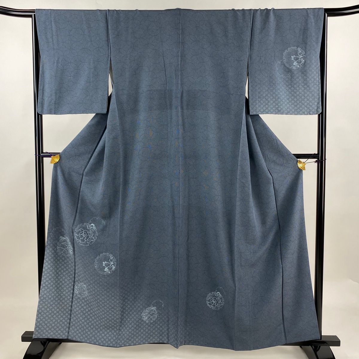 付下げ 身丈160.5cm 裄丈66cm M 袷 雪輪 草花 藍色 正絹 名品