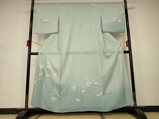 絽 友禅訪問着 正絹 クリーム ライトグリーン 暈し 花兎 華文 草花 流水 Lサイズ ki26751 新品 夏着物 レディース 7月8月シーズン 送料無料 絽 友禅訪問着 正絹 クリーム ライトグリーン 暈し 花兎 華文 草花 流水 L