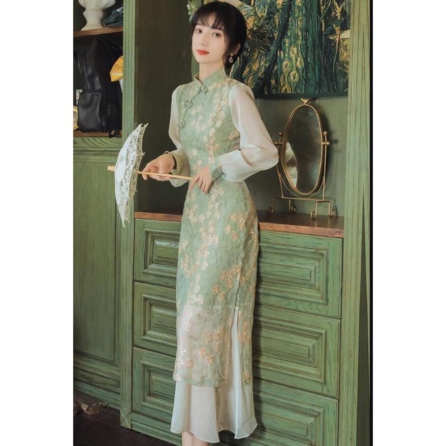 ワンピース 復古ワンピース 改良チャイナドレス 中華服 ワンピース 春秋冬 長袖 ワンピースチャイナ服 レースドレスフォマールドレス 二枚CYB774再