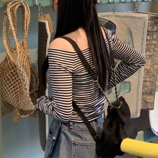 tシャツ オフショルダーボーダートップス レディース ストレッチオフショルダークロップドスリムボーダーTシャツ
