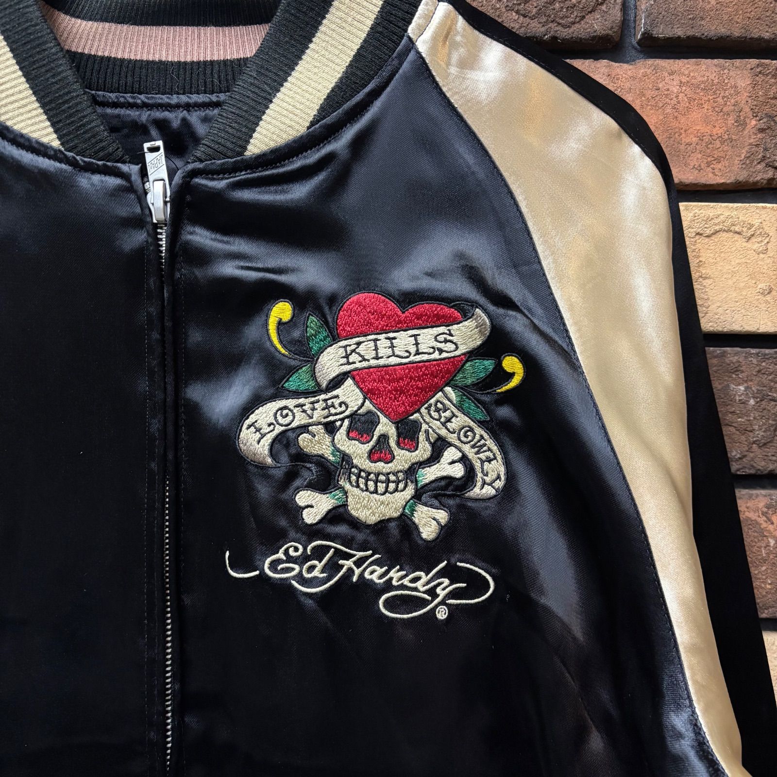 F590 L エドハーディー スカル刺繍 ショート丈 ブルゾン レディース Ed Hardy リバーシブル刺繍スカジャン】LOVEKILL エド