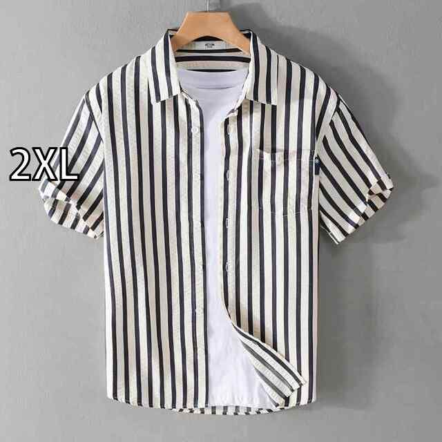[2XL]メンズ ファッション 服 男性用 オシャレ シンプル 大人 かっこいい 大きいサイズ ストリート 紳士服 薄手 高級ノー アイロン 縦縞 カジュアル 半袖 シャツ 防シワ シャツ 五分袖 シャツ
