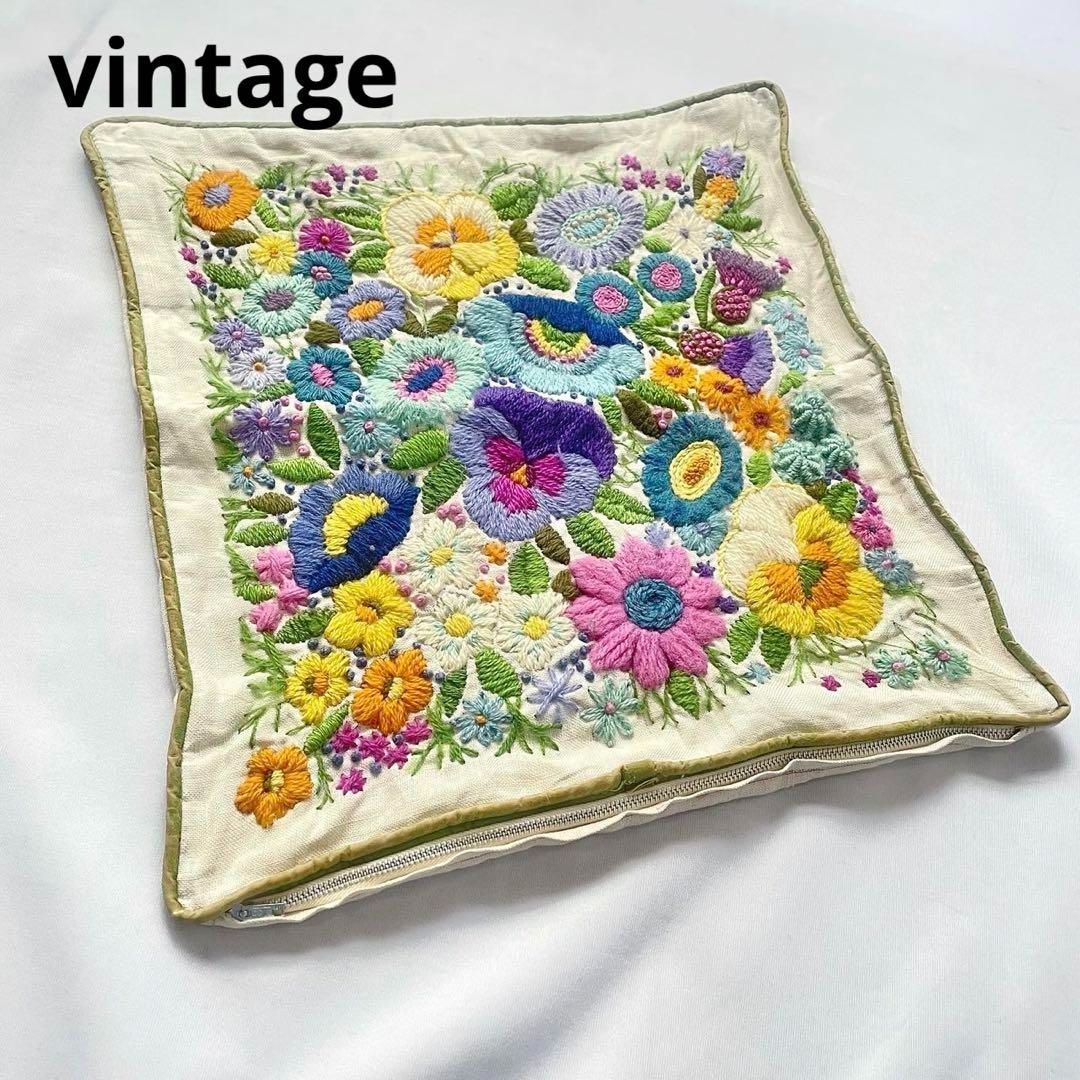 60s vintage 総刺繍 クッションカバー お花刺繍 ヴィンテージ-eastgate.mk