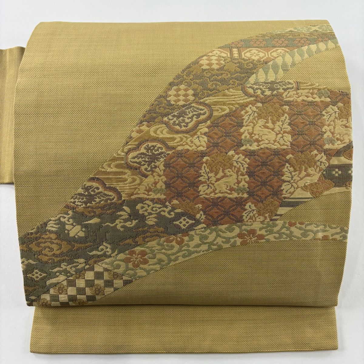 名古屋帯 美品 優品 紬地 七宝 花兎 黄土色 正絹 【中古