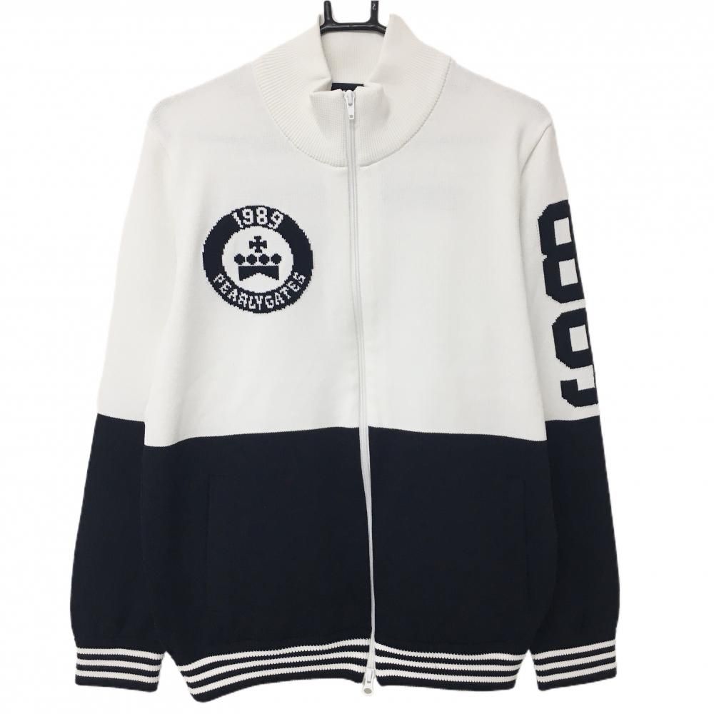 美品】パーリーゲイツ ニットジャケット 白×ネイビー バイカラー