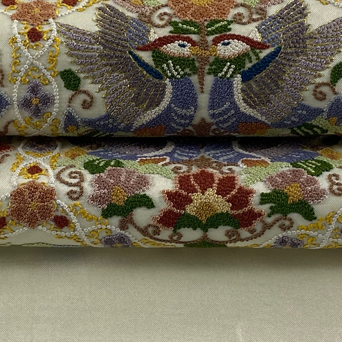 袋帯 逸品 鳳凰 華文 相良刺繍 金糸 クリーム お太鼓柄 正絹