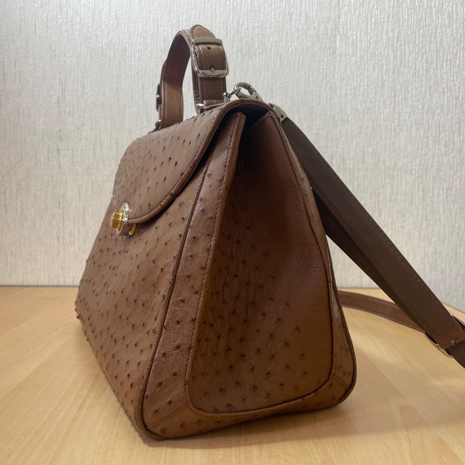 三宝 Sanpo オーストリッチ 2WAY ショルダーバッグ ブラウン 本