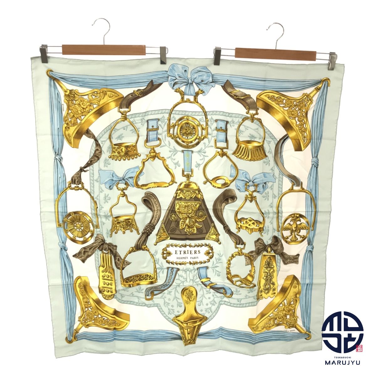 HERMES エルメス カレ90 ETRIERS 鐙柄 馬具柄 ライトブルー 黄色