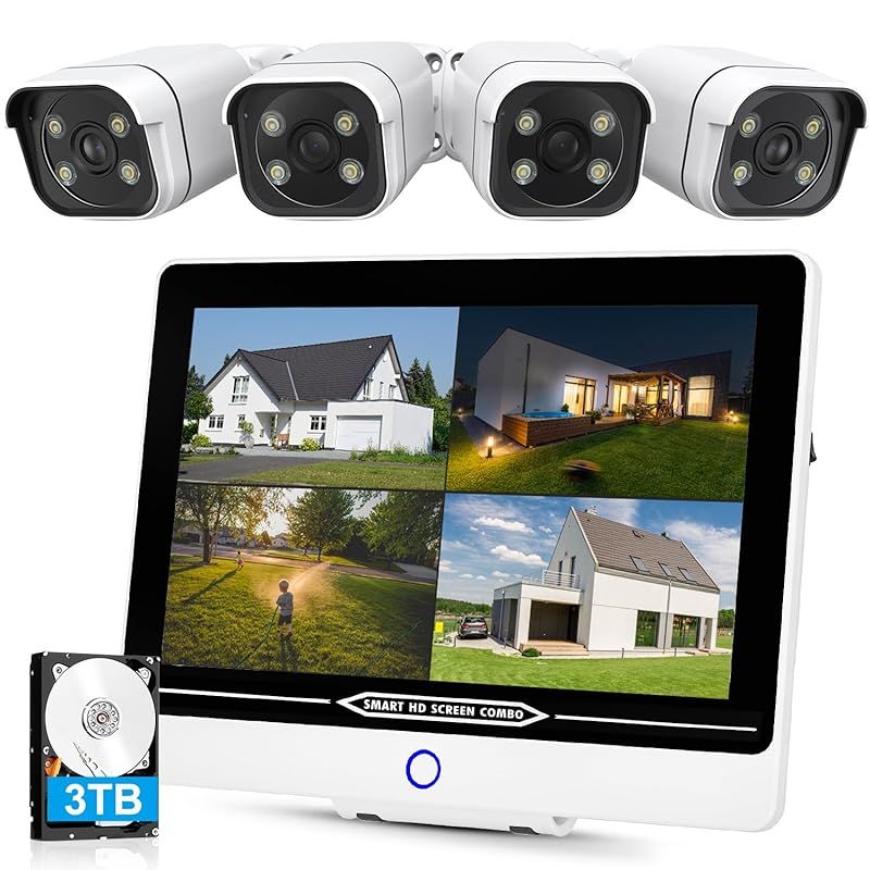 最新800万画素 防犯カメラ 屋外 POE給電 4K 金属製 12型防犯モニター 3テラHDD AI人物検知 防犯灯発光 フル 暗視撮影 双方向通話 8台増設 YESKAMOO 監視カメラ 有線 POE カメラ電源工事無し IP66防水防塵 110 1