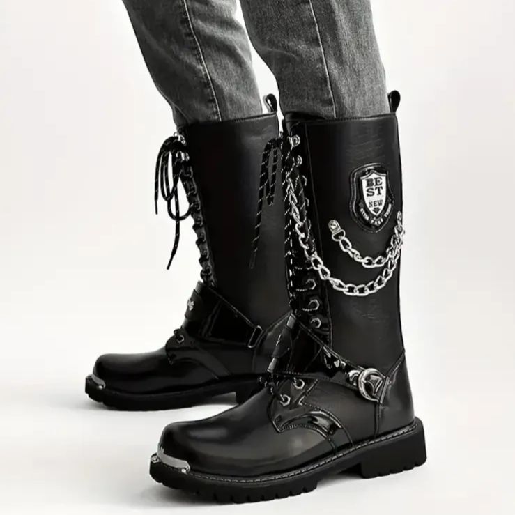 パンク バイクブーツ メンズ エンジニアブーツ 騎士 バックル おしゃれ ロック ファションロングブーツ puレザー 編み上げブーツ 長靴 SHOLIND] メンズ ロングブーツ 騎士ブーツ 髑髏 チェーン アクセサリー